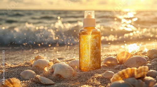 Suncare bottle on beach at sunset