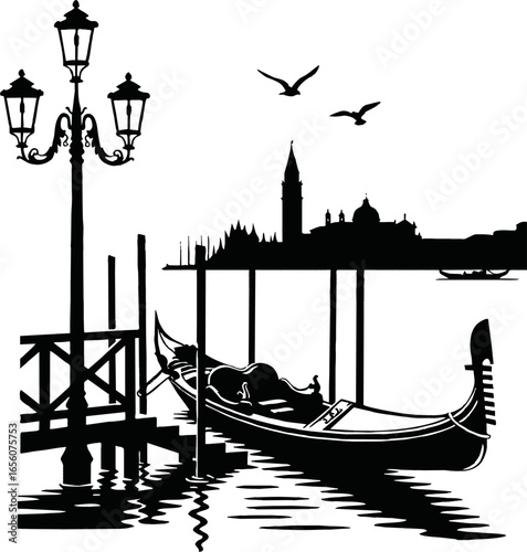Silhouette of a Venetian gondola docked at a pier with a cityscape and street lamp.