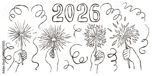 Banner depicting Serpentine and Hands holding burning sparklers, linear vector illustration for design of celebration party of New Year or Christmas