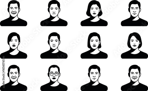 Diverse Asian Adult Avatar Icons:  Neutral, Happy, and Serious Expressions