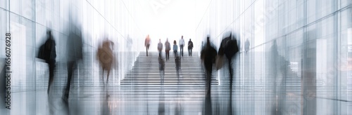 Abstract blurred motion of business people walking on a glass staircase in a modern office building, concept for human resources or a digital work environment.