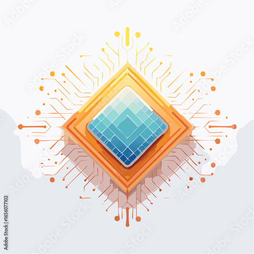 Unique quantum computing vector illustration with futuristic chip and geometric circuit grid. Minimal clean design, perfect for technology, innovation, and research projects.