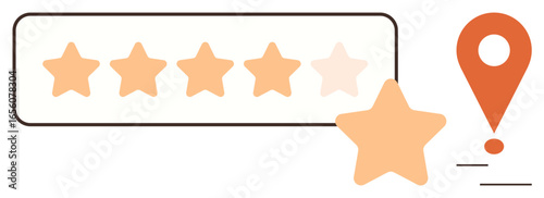 Five-star rating row with one enlarged star and location pin. Ideal for feedback, reputation, customer service, ranking, navigation, recognition, and quality concepts. Simple flat metaphor