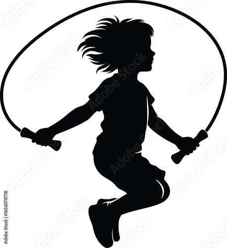 Silhouette of Child Skipping Rope – Black and White Fitness Illustration