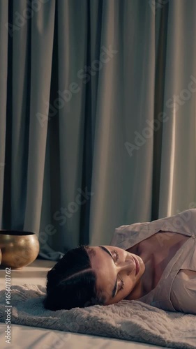 Young woman lying comfortably on a soft bed, enjoying a soothing sound bath therapy session with tibetan singing bowls nearby, fostering deep relaxation and mindfulness