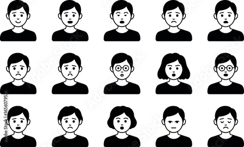 Diverse Young Adult Avatar Icons:  Black and White Minimalist Emotional Expressions Set