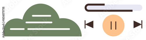 Cloud with horizontal lines, media player bar, buttons for pause, forward, and backward. Ideal for technology, music, cloud computing streaming podcasting audio digital content. Simple flat