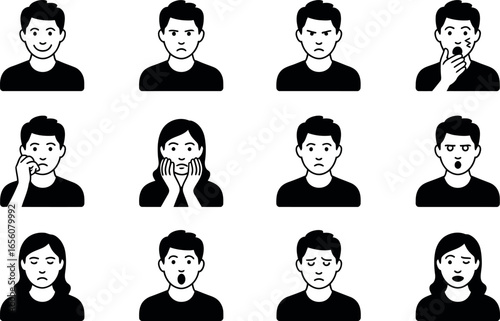Diverse Male and Female Avatar Icons:  Simple, Black, Expressive Emotions