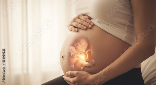 A pregnant woman cradles her belly, revealing a glowing image of her unborn baby inside, symbolizing new life and hope