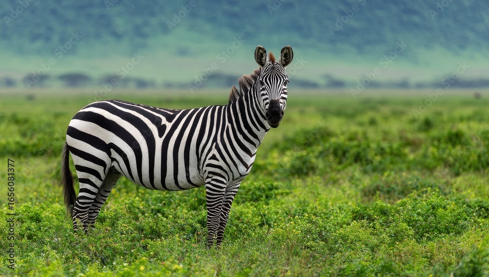 Naklejka premium On the sun-drenched savanna, a zebra's striking black and white stripes create a mesmerizing contrast against the lush green grass and expansive sky as it stands proudly, exuding confidence and