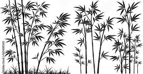 Black Line Bamboo Plant Icons Set including Flat Nature Botanical Eco and Asian Symbol Collection with Minimal Bamboo Icon Group for UI Web Garden Environment and Greenery Design Projects