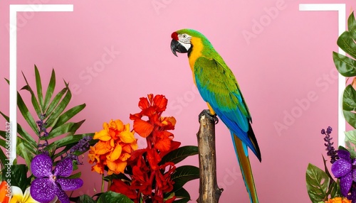 A parrot sitting on top of wooden post surrounded by flowers background cartoonish scene creative frame elements design depth layers composition figure emotion expression gesture movement