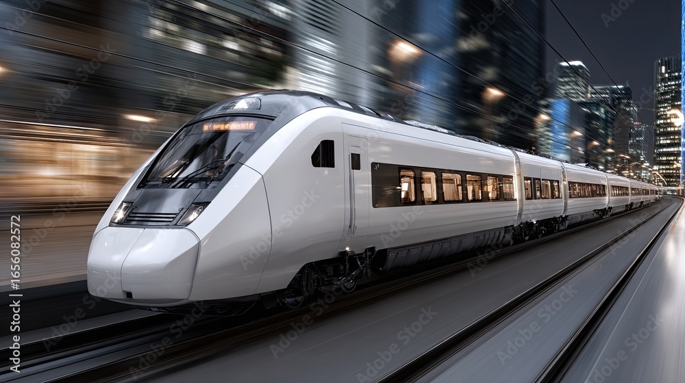 Naklejka premium A high-speed train zoos by, featuring a sleek white and blue design with vibrant lights illuminating the busy urban area at night