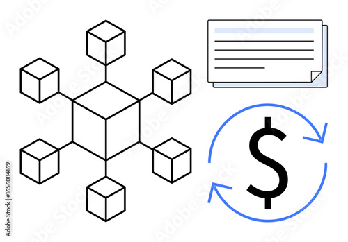 Blockchain diagram connecting cubes, financial transaction loop with dollar sign, and layered data document. Ideal for finance, technology, blockchain, data management, business, decentralization