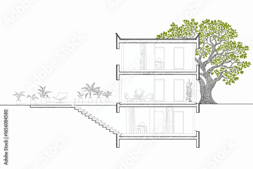 Architectural sketch of a modern three story house with a lush green tree and garden patio creating a sustainable living space concept