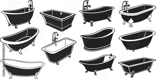 Black Line Bathtub Icons Set including Flat Bathroom Hygiene Water and Home Symbol Collection with Minimal Bathtub Icon Group for UI Web Interior Cleaning and Sanitary Design Projects
