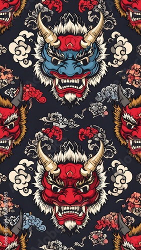 Repeated demon faces in a pattern