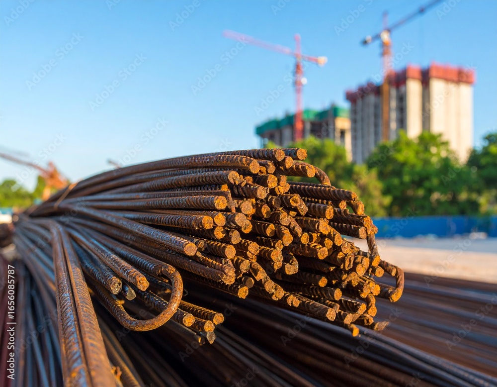 Fototapeta premium Rusty Rebar at Construction Site Under Blue Sky