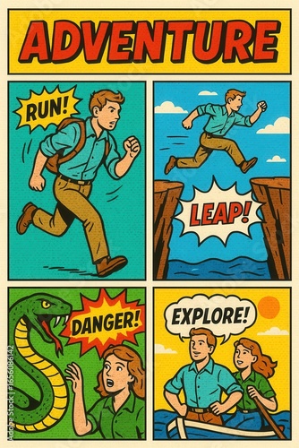 Retro comic strip illustrating various stages of an outdoor adventure.