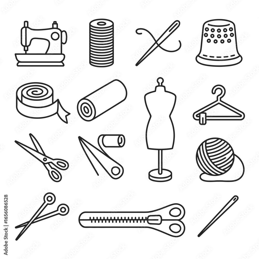 Obraz premium Collection of Essential Sewing and Tailoring Tools in Simple Black and White Line Art Style Depicting Craftsmanship and Handmade Projects