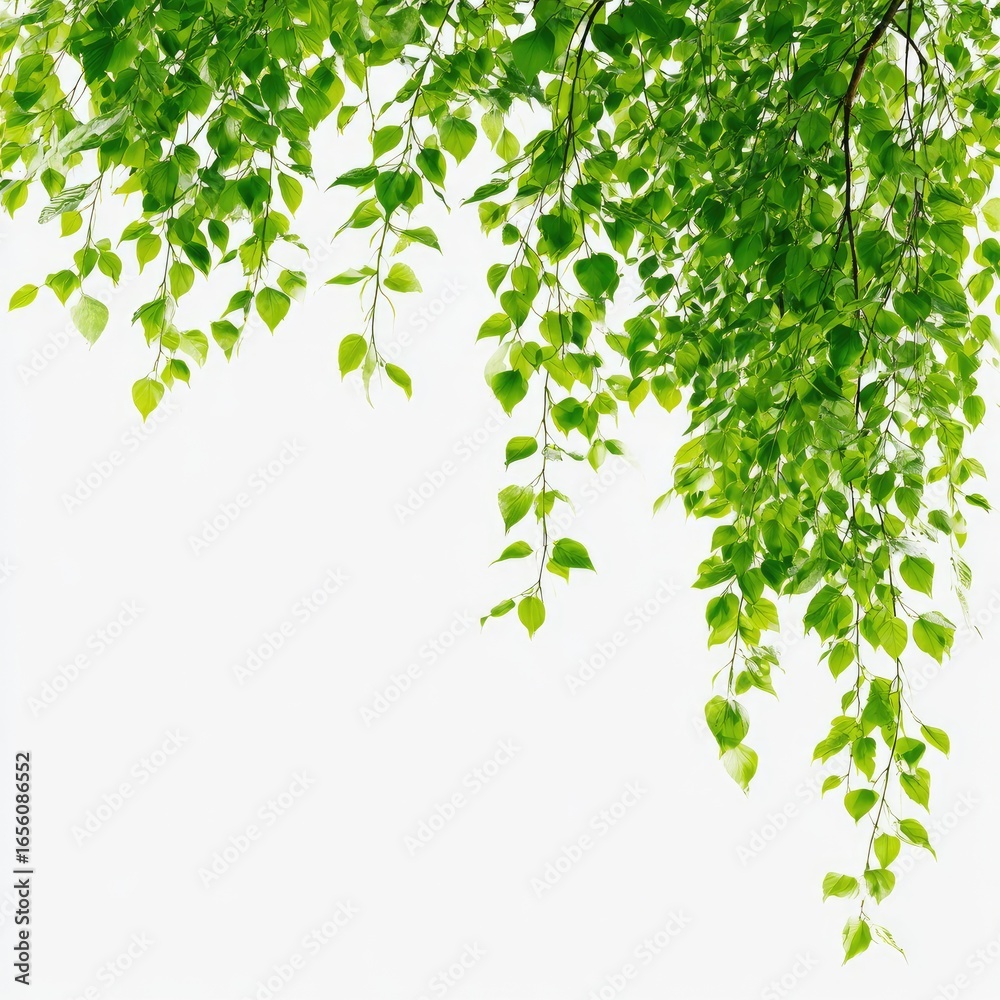 Obraz premium Fresh green leaves cascading from branches against a white background (1)