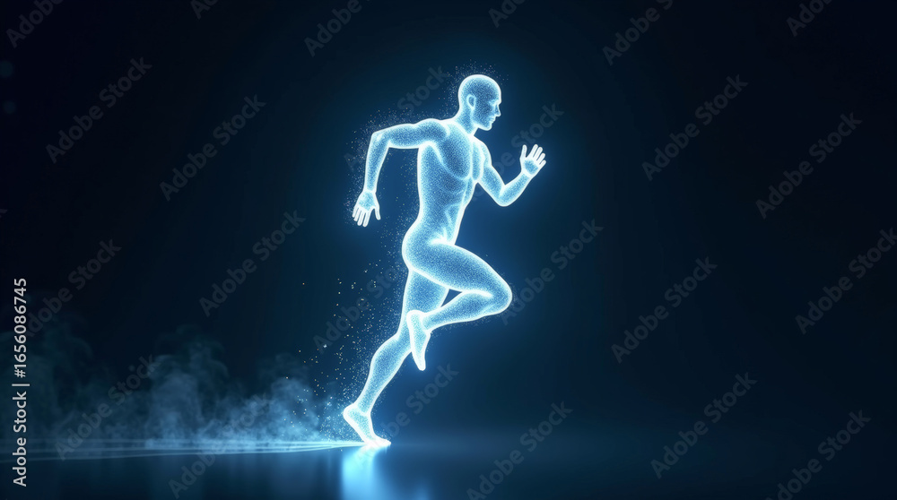 Fototapeta premium Running human figure formed by glowing dots, abstract motion on dark futuristic background, for concepts related to AI, technology, human potential, and conceptual editorial use