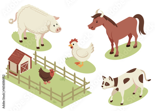 cat, cow and hen birds animal icon set 