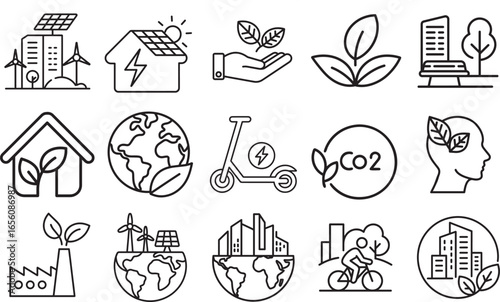 Green city web icon set in thin line style, renewable energy, eco building, zero waste, air and water quality, environmental icons