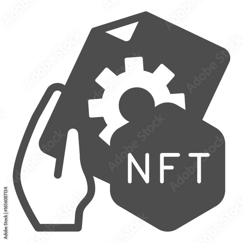 Certificate signature of non fungible token file solid icon, NFT multiverse concept. Vector graphics. Token file in hand sign on white background, glyph style icon for mobile or web design.