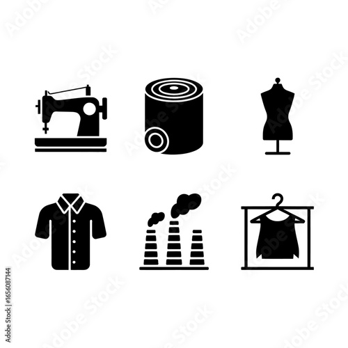 Clothing industry icon set sewing machine fabric roll mannequin shirt industrial manufacturing garment rack representing fashion and design processes