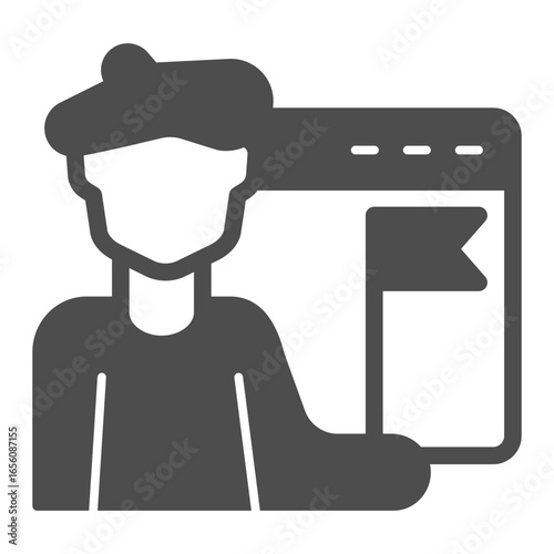 Artist man with flag and website window solid icon, NFT multiverse concept. Vector graphics. Famous person public site sign on white background, glyph style icon for mobile or web design.