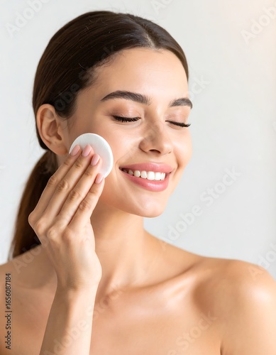 Woman applying cleansing pad to her face