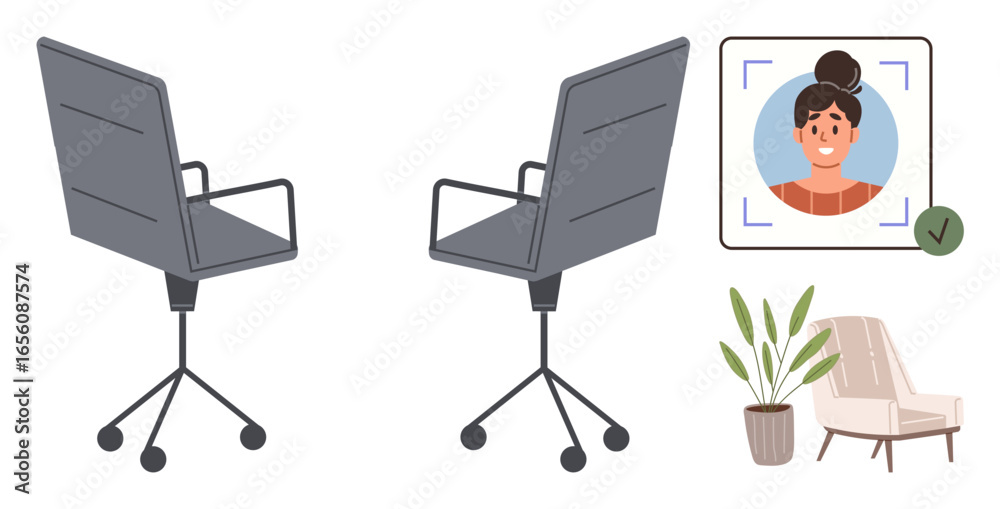 Fototapeta premium Two sleek office chairs, woman s profile verification with a checkmark, houseplant, and armchair. Ideal for workplace setup, recruitment, identity verification, modern interiors, telecommuting home