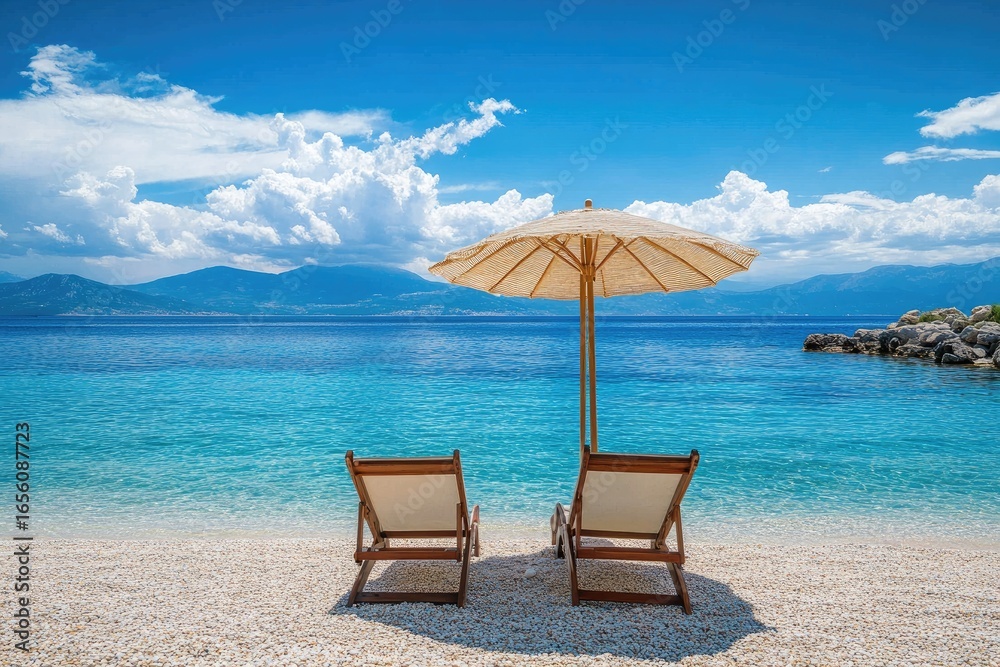 Fototapeta premium Beach chairs, umbrella, turquoise water