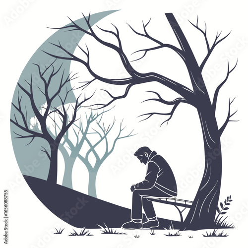 Illustration of a man sitting alone on a bench under a tree in a park contemplating life and feeling sadness and loneliness in a stylized vector art scene with trees