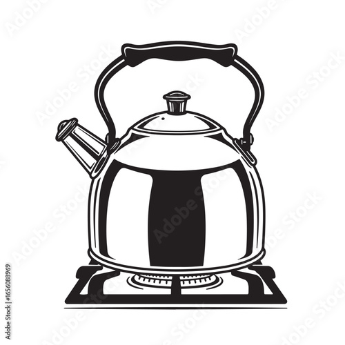 A classic black and white illustration of a retro kettle on a gas stove burner