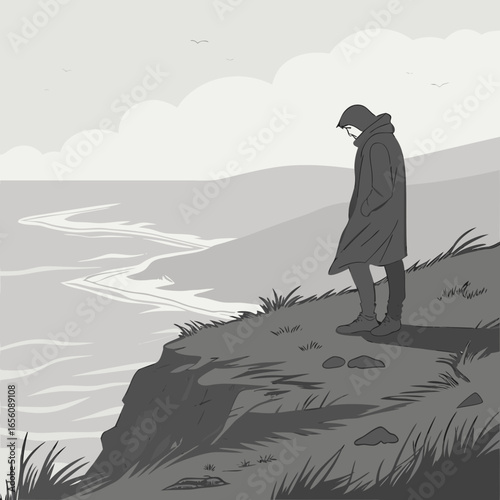 Illustration of a hooded figure standing on a cliff overlooking the sea in a contemplative pose perfect for conveying themes of solitude and reflection with nature