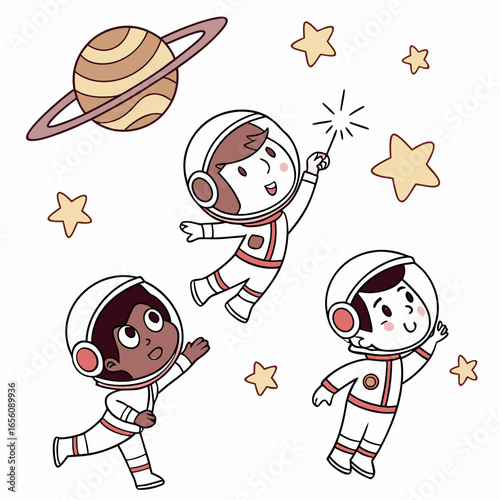Cartoon astronauts exploring space with planet saturn and stars illustration for kids and children's designs perfect for educational materials and space themed projects