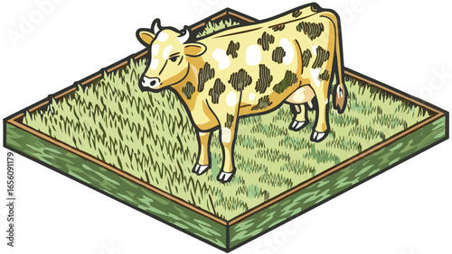 Illustration of a cow with spots standing in a grassy patch enclosed by a wooden frame isometric view