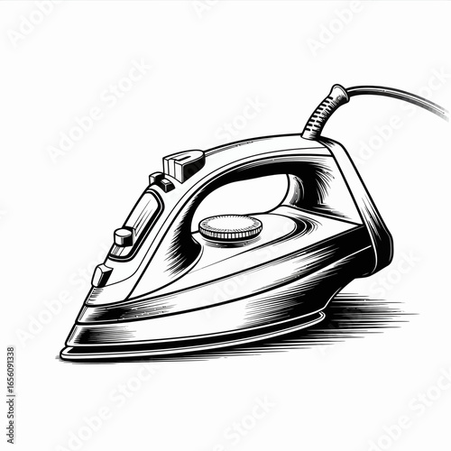 Detailed Illustration of a Vintage Electric Iron for Clothes Pressing and Garment Care with a Retro Aesthetic and Classic Design