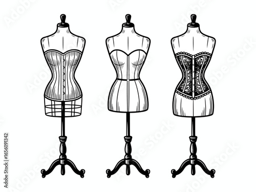 Elegant Corset Designs on Mannequins Sketch Style Illustration Sewing and Fashion History Presentation Beautiful Vintage Clothing and Tailoring Details