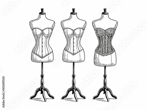 Elegant Corsets on Mannequins in a Vintage Fashion Illustration Style Depicting Undergarments and Design Sketches