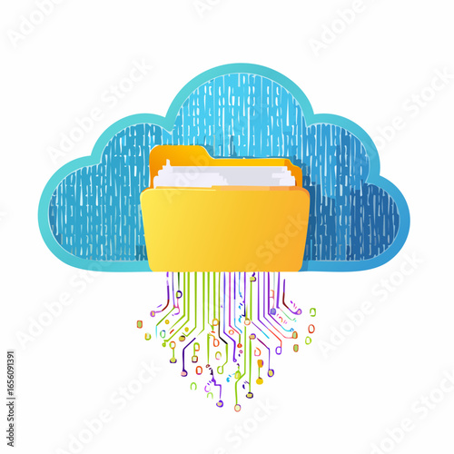Cloud storage vector illustration showing abstract cloud with folders and binary data stream. Minimal flat style, suitable for data management, IT, and technology concepts.