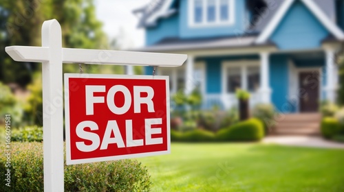 Real estate sign indicating property for sale outside a charming blue house in a suburban neighborhood