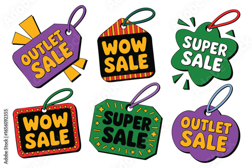 Collection of colorful sale tags with words like outlet sale and wow sale for promotions