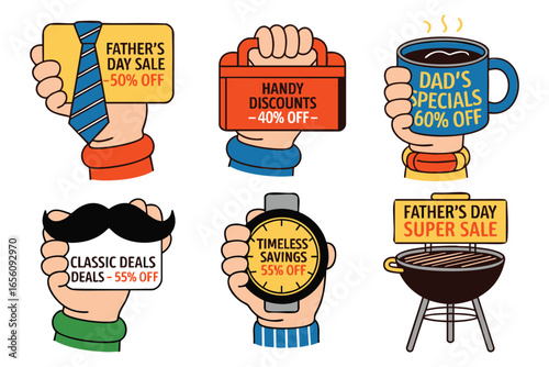 Collection of father s day sale signs held by cartoon hands with gifts and promotions