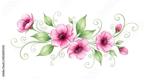 Delicate pink watercolor roses with green leaves and black swirls accents floral design element transparent background