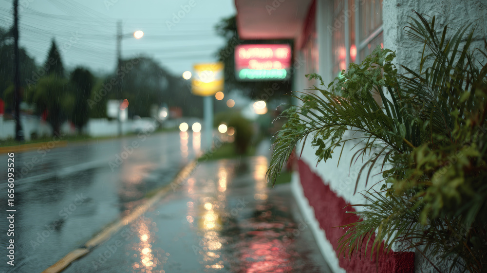 Obraz premium Rainy urban street scene with neon lights and wet pavement.