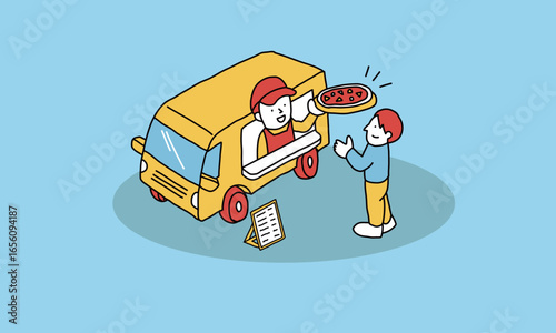 キッチンカー　フードトラックからピザを買う人