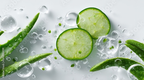 Cucumber Slices and Aloe Vera with Bubbles for Beauty and Wellness Projects